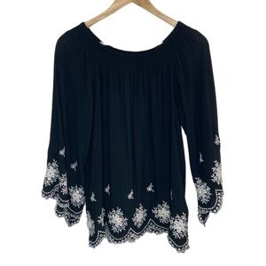 Bobeau 3/4 sleeve smocked neck black peasant blouse with embroidery